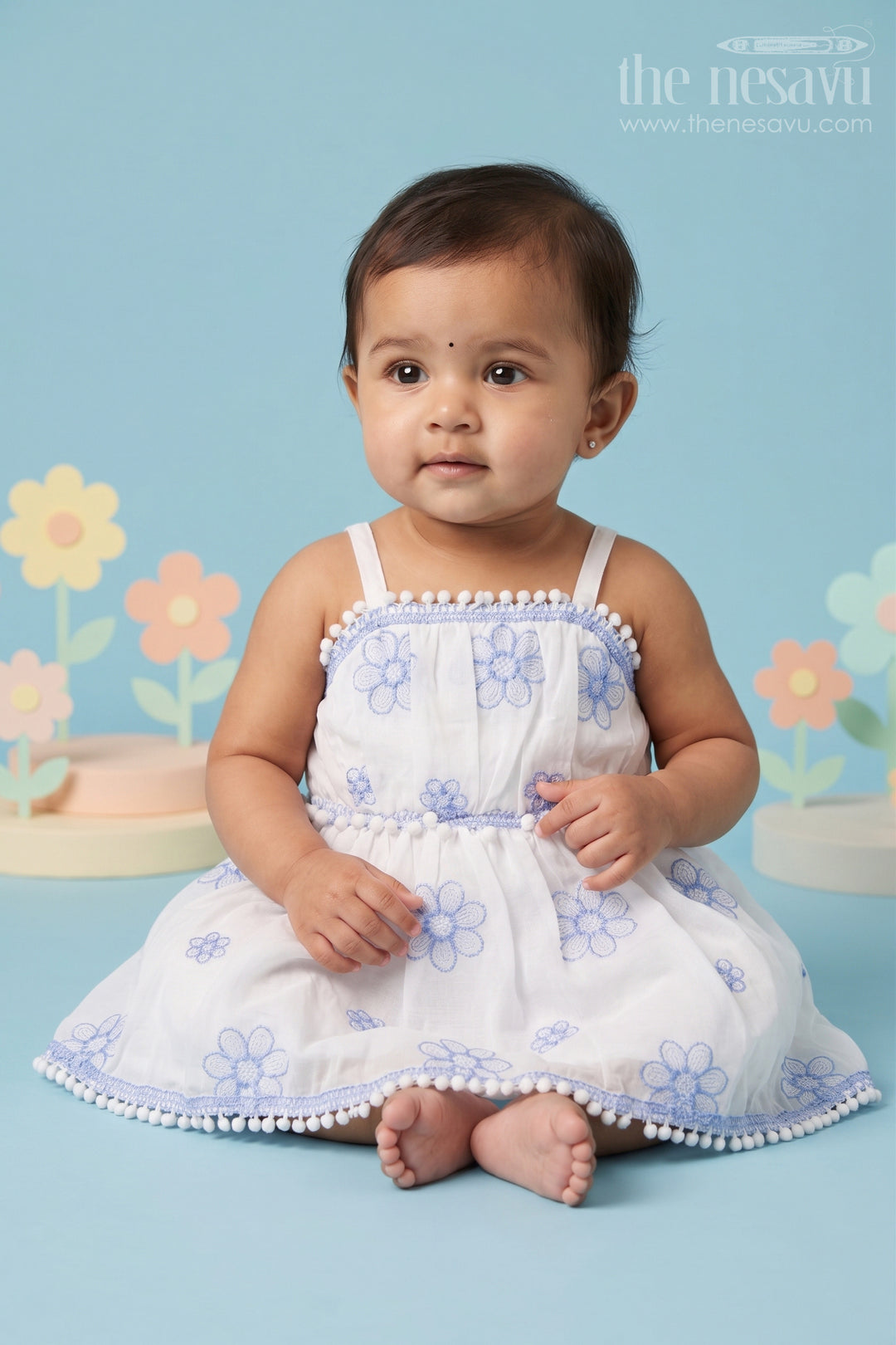 The Nesavu Baby Cotton Frocks Baby Girl Frock for Naming Ceremony and Casual Outings Nesavu 14 (6M) / White / Cotton BFJ1004A-14 Nesavu Baby Girl Cotton Frock For Naming Ceremony With Thread Embroidery And Soft Flared Design