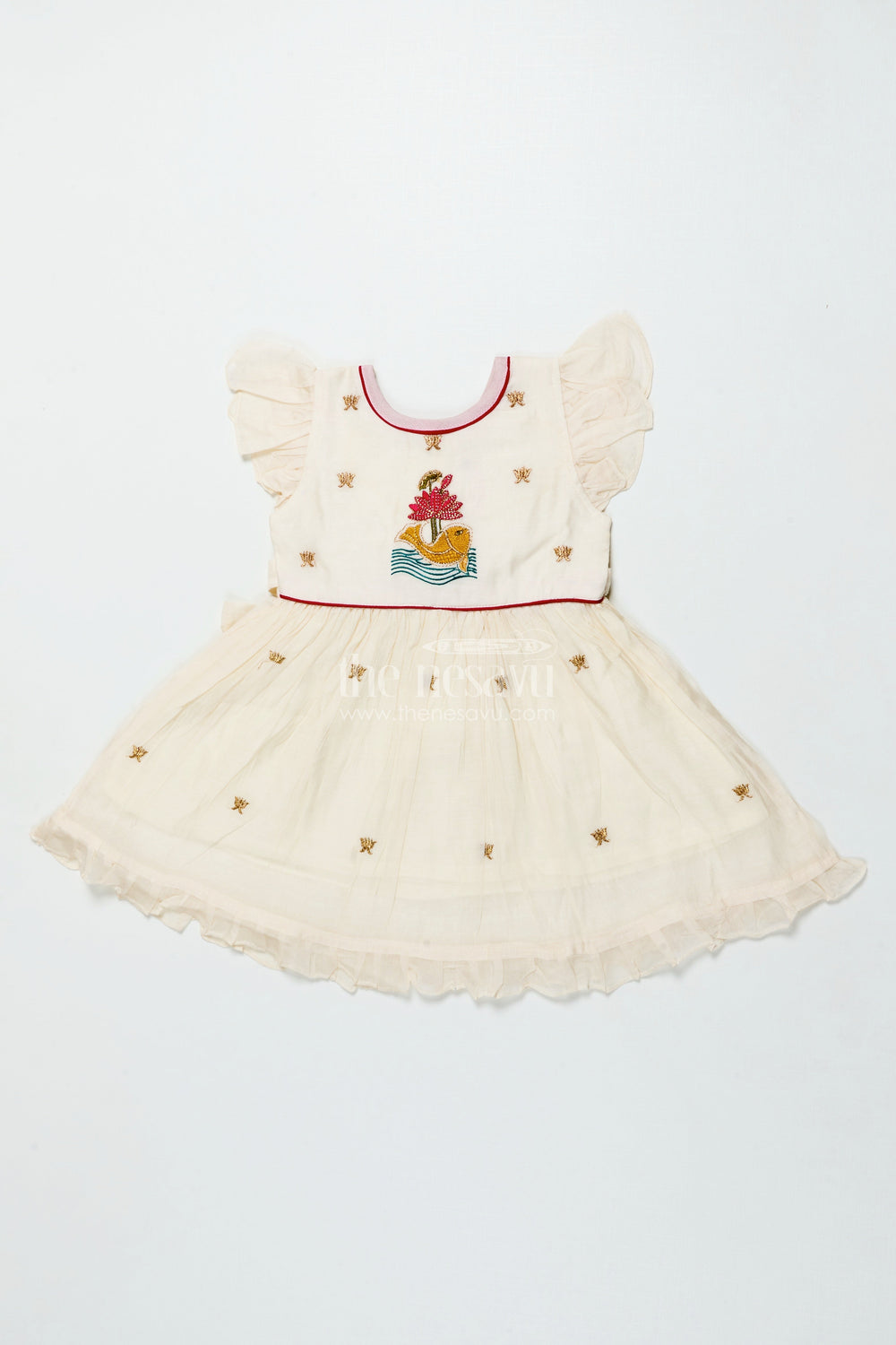 The Nesavu Girls Chanderi Frock Baby Girl Frock for Naming Ceremony and Festive Functions Nesavu 16 (1Y) / Cream GFC2008A-16 Nesavu baby girl chanderi frock thread embroidery naming ceremonies festive wear