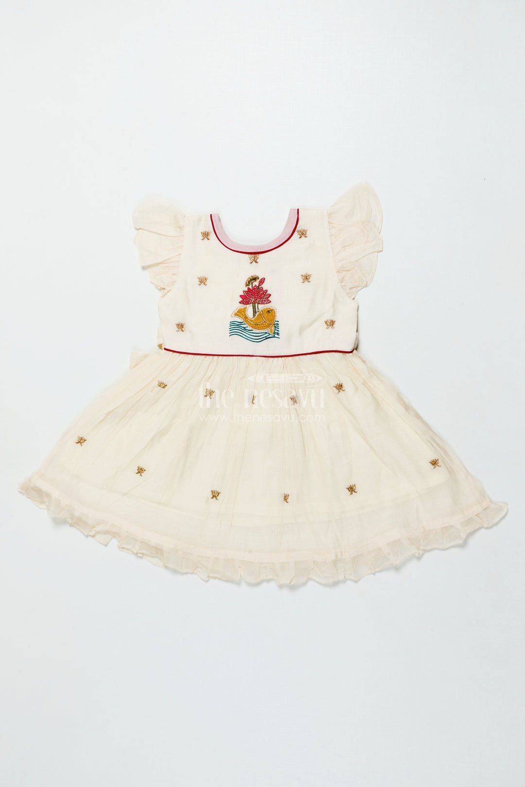 The Nesavu Girls Chanderi Frock Baby Girl Frock for Naming Ceremony and Festive Functions Nesavu 16 (1Y) / Cream GFC2008A-16 Nesavu baby girl chanderi frock thread embroidery naming ceremonies festive wear
