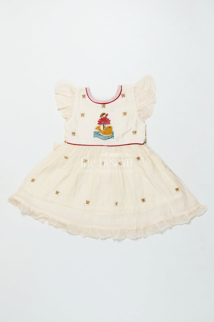 The Nesavu Girls Chanderi Frock Baby Girl Frock for Naming Ceremony and Festive Functions Nesavu 16 (1Y) / Cream GFC2008A-16 Nesavu baby girl chanderi frock thread embroidery naming ceremonies festive wear