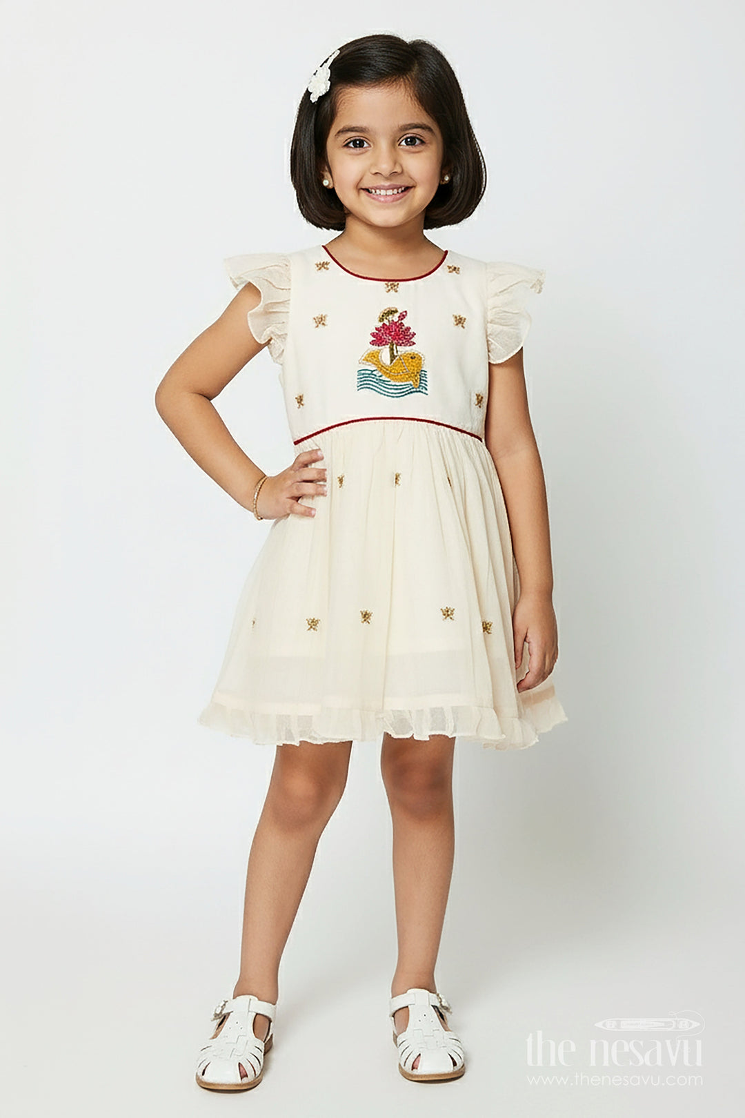 The Nesavu Girls Chanderi Frock Baby Girl Frock for Naming Ceremony and Festive Functions Nesavu 16 (1Y) / Cream GFC2008A-16 Nesavu baby girl chanderi frock thread embroidery naming ceremonies festive wear