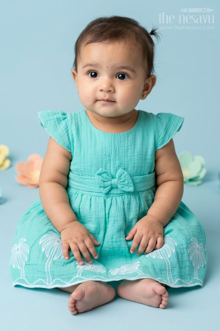 The Nesavu Baby Cotton Frocks Baby Girl Frock for Outings and First Birthday Moments Nesavu 14 (6M) / Turquoise / Muslin Cotton BFJ995A-14 Nesavu Baby Girl Muslin Cotton Frock For Outings And First Birthday With Thread Embroidery Soft Outfit