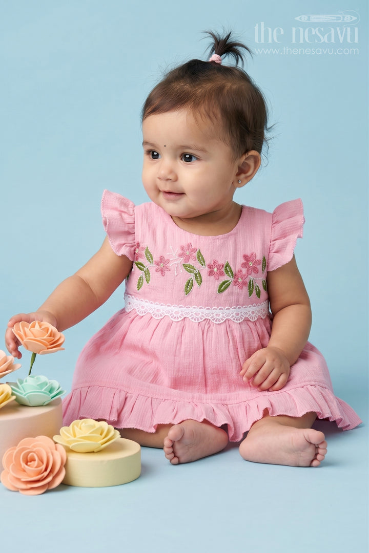 The Nesavu Baby Cotton Frocks Baby Girl Frock for Summer Outings and Casual Wear Nesavu 14 (6M) / Pink / Cotton BFJ1002A-14 Nesavu Baby Girl Cotton Frock For Summer Outings And Casual Wear With Floral Embroidery And Frill Hem