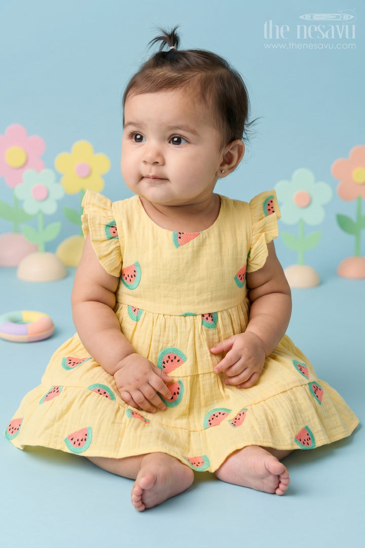 The Nesavu Baby Cotton Frocks Baby Girl Frock for Summer Outings and Playful Days Nesavu 16 (1Y) / Yellow / Muslin Cotton BFJ996A-16 Nesavu Baby Girl Muslin Cotton Frock For Summer Outings With Digital Print Tiered Flare Comfortable Wear