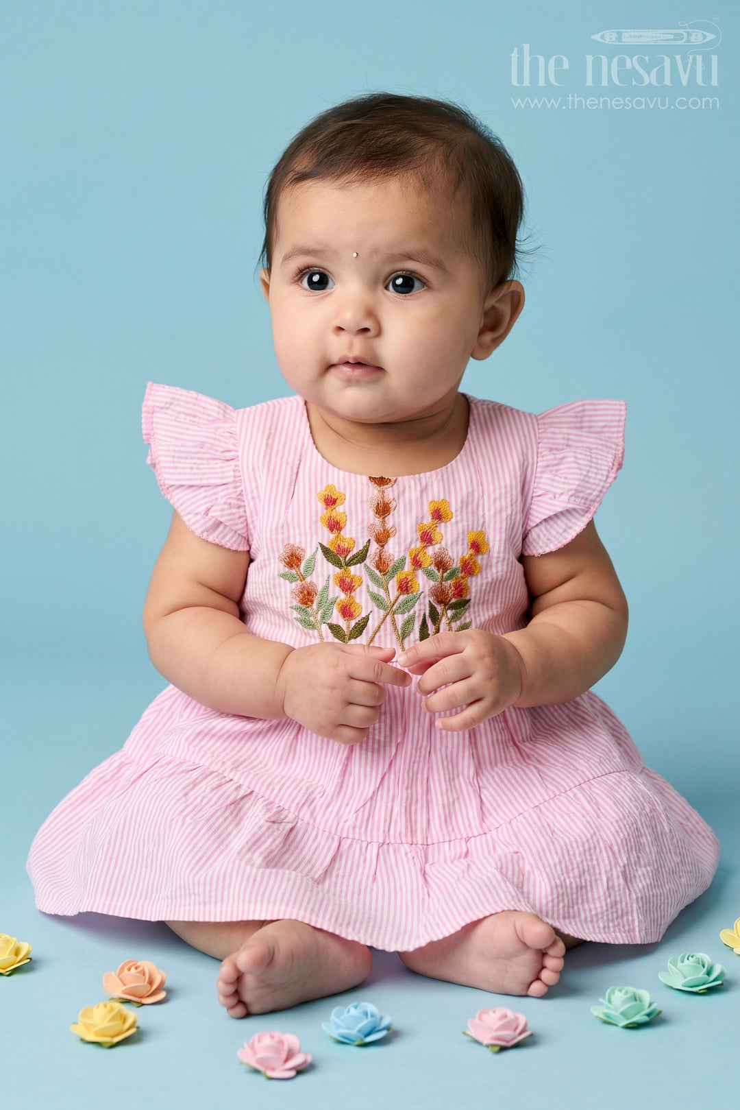 The Nesavu Baby Cotton Frocks Baby Girl Frock for Summer Wear and Everyday Comfort Nesavu 14 (6M) / Blue / Seer Sucker BFJ1003B-14 Nesavu Baby Girl Sheer Cotton Frock For Summer Wear With Embroidery And Tiered Flare Everyday Dress