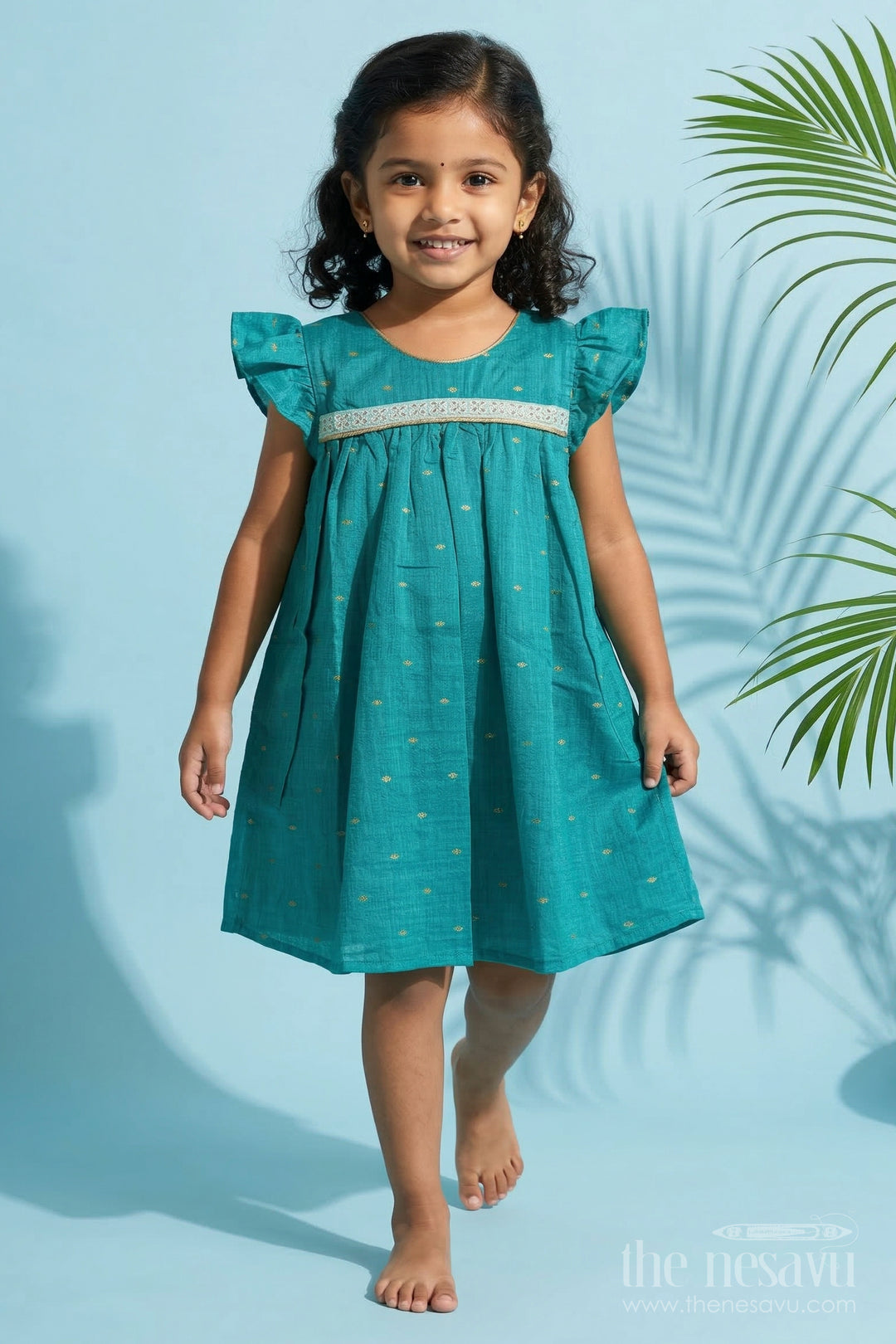 The Nesavu Girls Chanderi Frock Baby Girl Frock for Temple Visits and Traditional Gatherings Nesavu 16 (1Y) / Blue / Viscose Silk GFC2100C-16 Nesavu baby girl viscose silk frock with butti work for temple visits and traditional gatherings