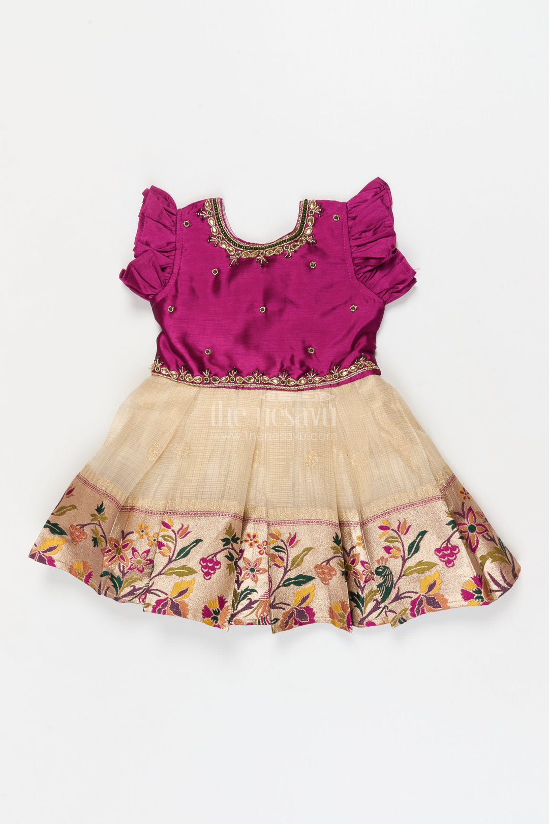 The Nesavu Silk Frock Baby Girl Frock for Traditional Functions and Family Gatherings Nesavu 16 (1Y) / Purple / Silk Blend SF1120A-16 Nesavu baby girl frock for traditional functions with zari border and puff sleeves