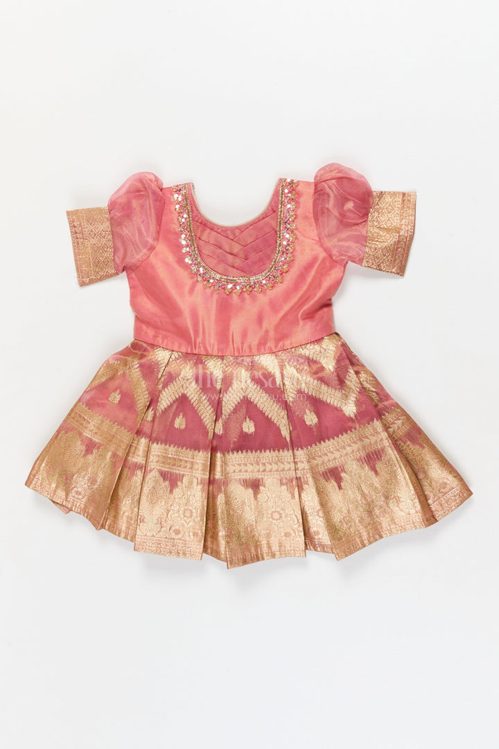 The Nesavu Silk Frock Baby Girl Frock for Weddings and Festive Celebrations Nesavu 16 (1Y) / Orange / Silk Blend SF1121A-16 Nesavu baby girl frock for weddings with zari tissue skirt and embroidered yoke