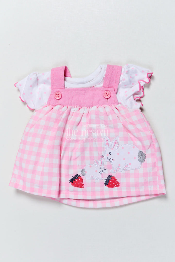 The Nesavu Baby Frocks Baby Girl Frock with Bunny and Strawberry Appliqué for Adorable Everyday Style Nesavu 10 (NB) / Pink BFJ879A-10 Nesavu baby girl frock bunny appliqu gingham print  perfect daily wear playdates