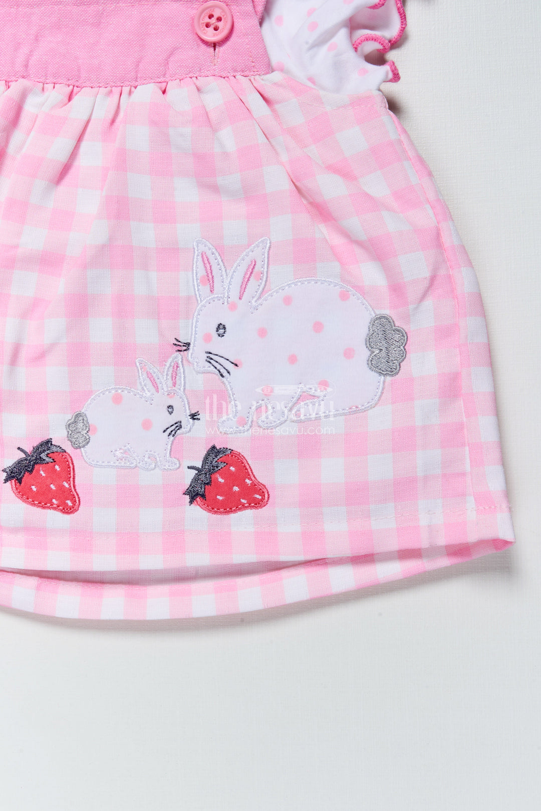 The Nesavu Baby Frocks Baby Girl Frock with Bunny and Strawberry Appliqué for Adorable Everyday Style Nesavu Nesavu baby girl frock bunny appliqu gingham print  perfect daily wear playdates
