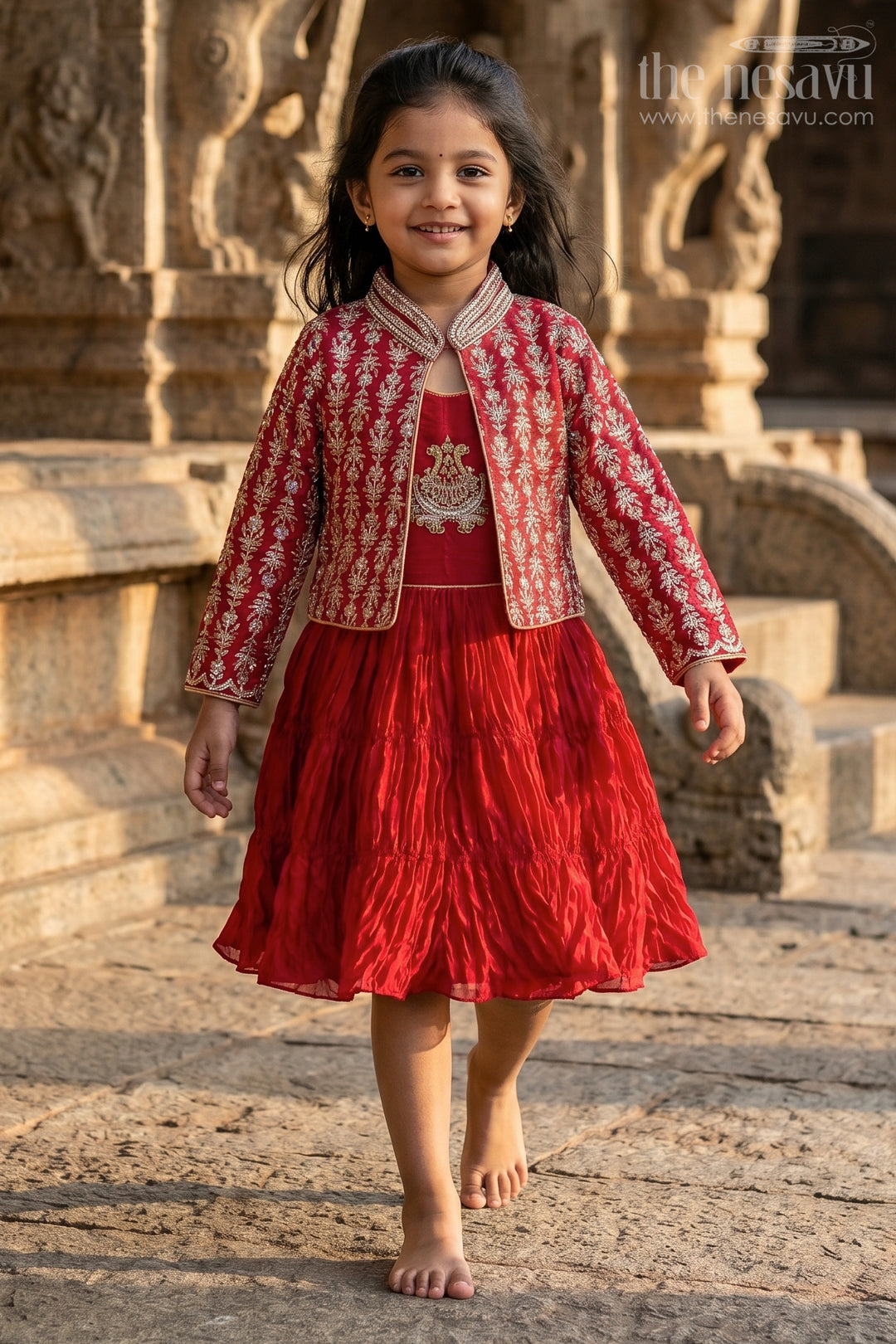 The Nesavu Silk Frock Baby Girl Frock with Designer Jacket for Birthday and Festive Photos Nesavu 18 (2Y) / Red / Georgette with designer embroidery jacket SF1136A-18 Nesavu baby girl birthday frock with embroidered designer jacket festive party dress for kids
