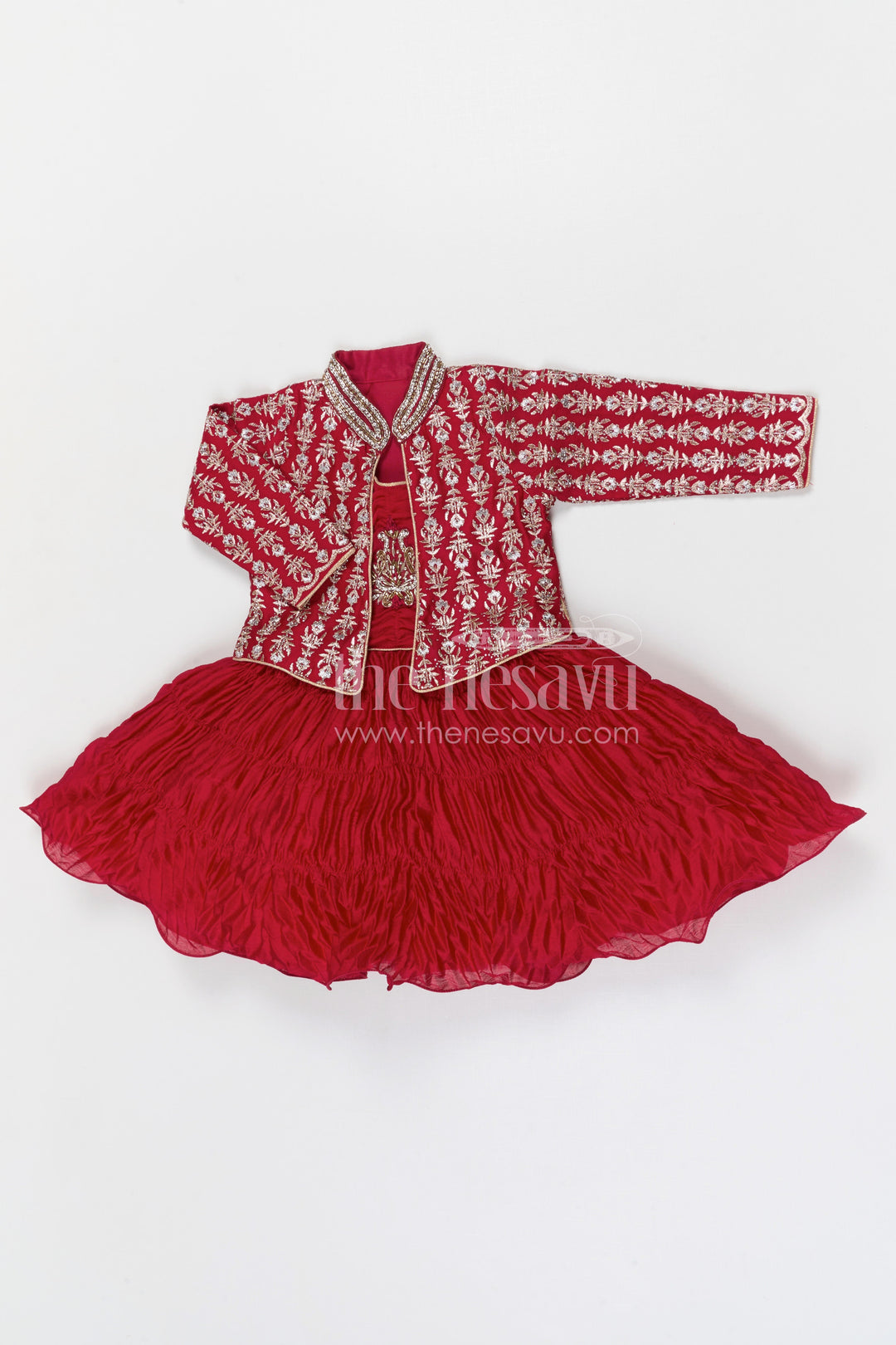 The Nesavu Silk Frock Baby Girl Frock with Designer Jacket for Birthday and Festive Photos Nesavu Nesavu baby girl birthday frock with embroidered designer jacket festive party dress for kids