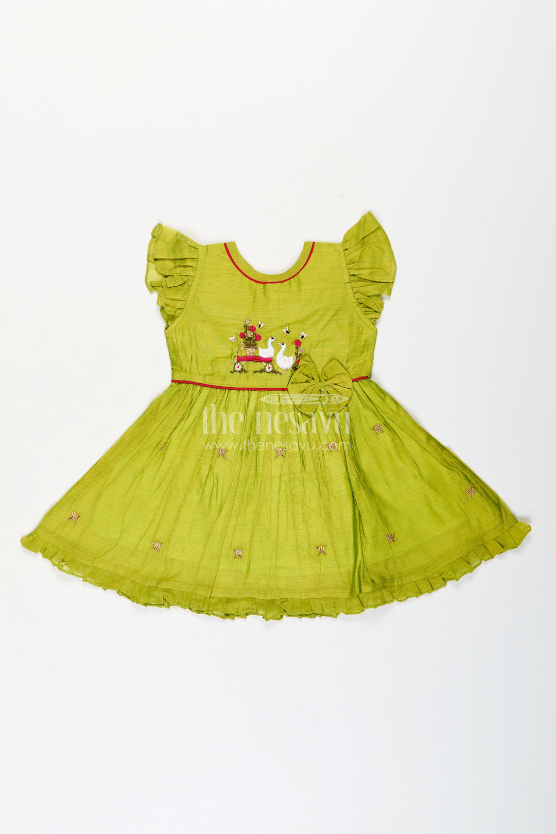 The Nesavu Girls Chanderi Frock Baby Girl Frock with Duck Embroidery for Birthdays and Ethnic Wear Nesavu 12 (3M) / Green GFC1457B-12 Nesavu baby girl chanderi frock duck motif waist bow festive occasions birthdays