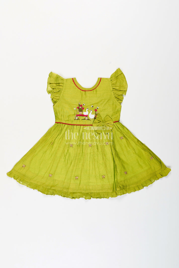 The Nesavu Girls Chanderi Frock Baby Girl Frock with Duck Embroidery for Birthdays and Ethnic Wear Nesavu 12 (3M) / Green GFC1457B-12 Nesavu baby girl chanderi frock duck motif waist bow festive occasions birthdays