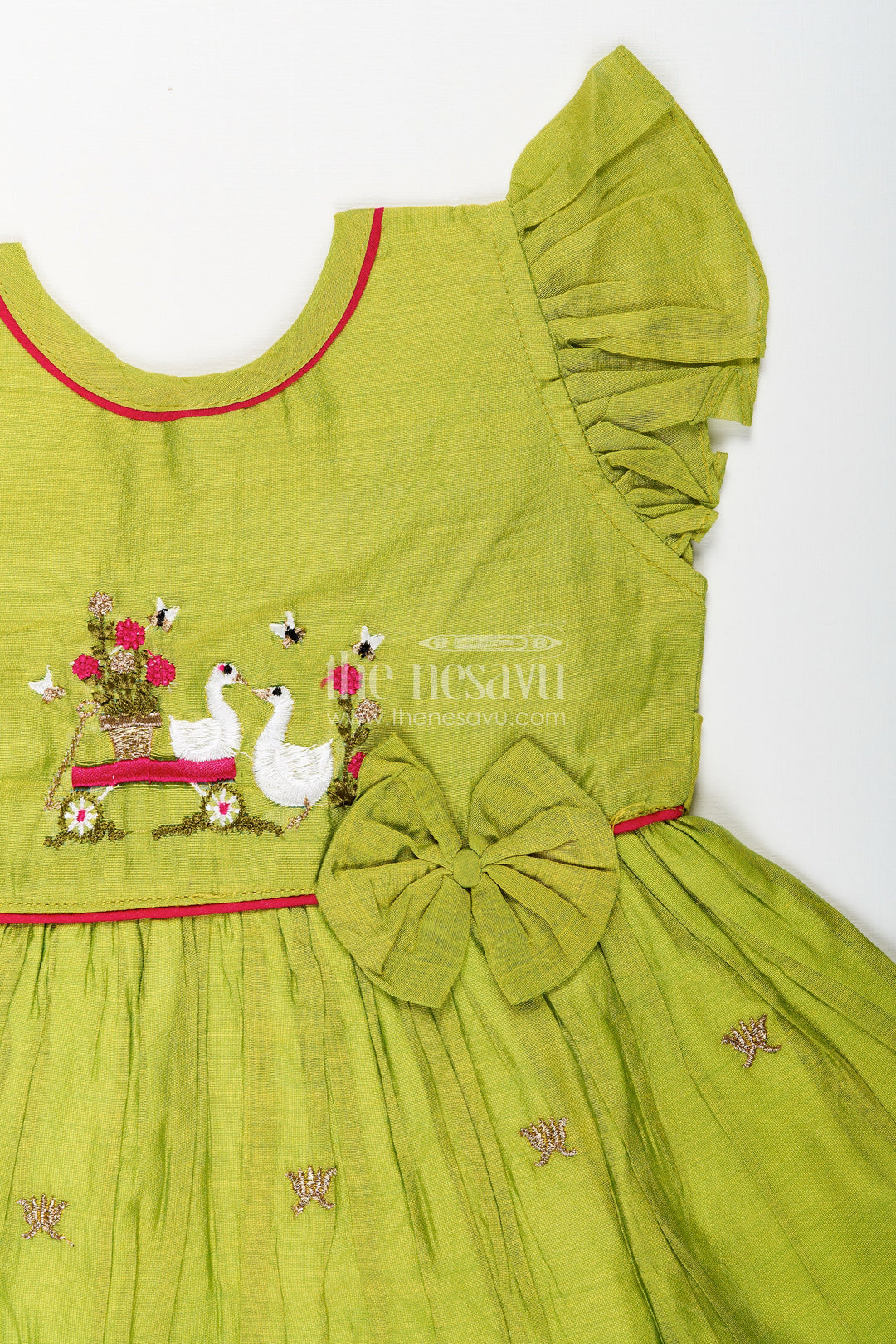 The Nesavu Girls Chanderi Frock Baby Girl Frock with Duck Embroidery for Birthdays and Ethnic Wear Nesavu Nesavu baby girl chanderi frock duck motif waist bow festive occasions birthdays