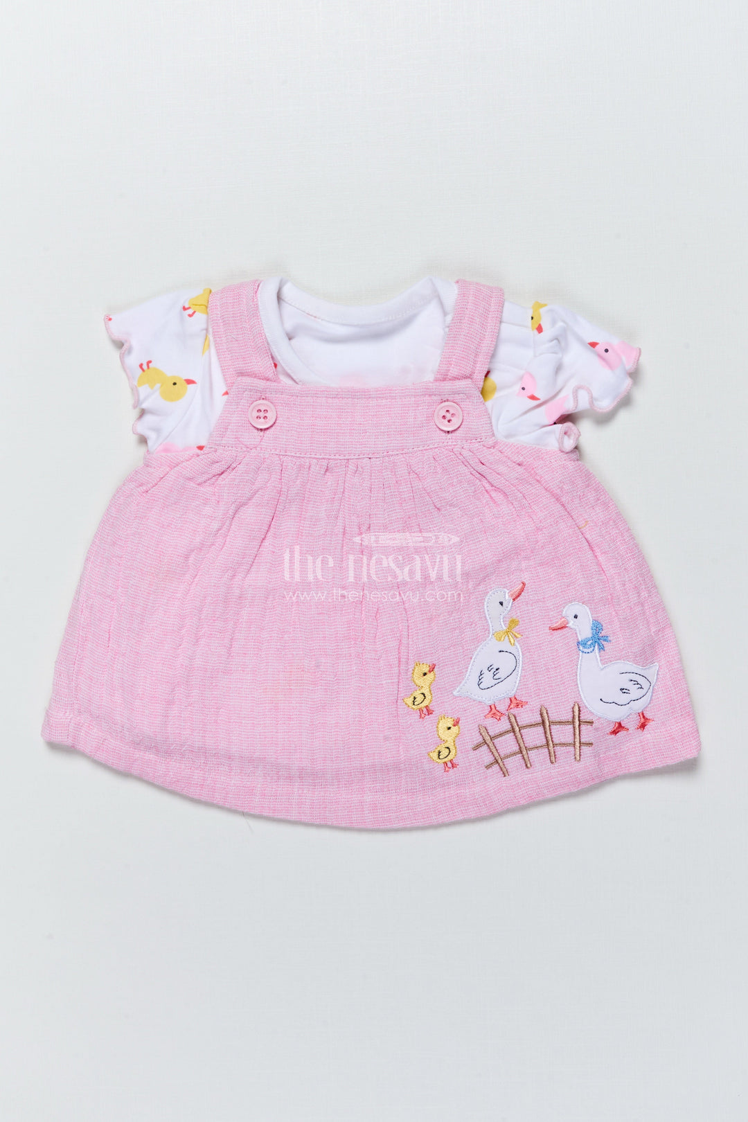 The Nesavu Baby Frocks Baby Girl Frock with Embroidered Ducks for Playful Outings and Photo Days Nesavu 10 (NB) / Pink BFJ872A-10 Nesavu baby girl cotton frock set duck embroidery  ideal outings photo sessions