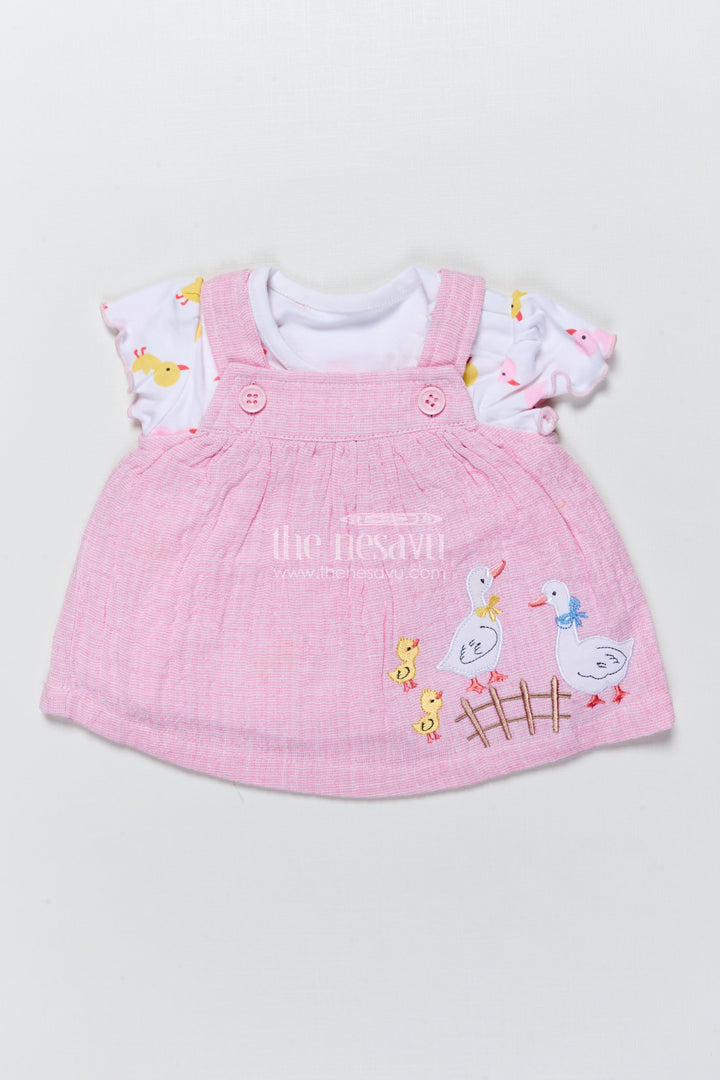 The Nesavu Baby Frocks Baby Girl Frock with Embroidered Ducks for Playful Outings and Photo Days Nesavu 10 (NB) / Pink BFJ872A-10 Nesavu baby girl cotton frock set duck embroidery  ideal outings photo sessions