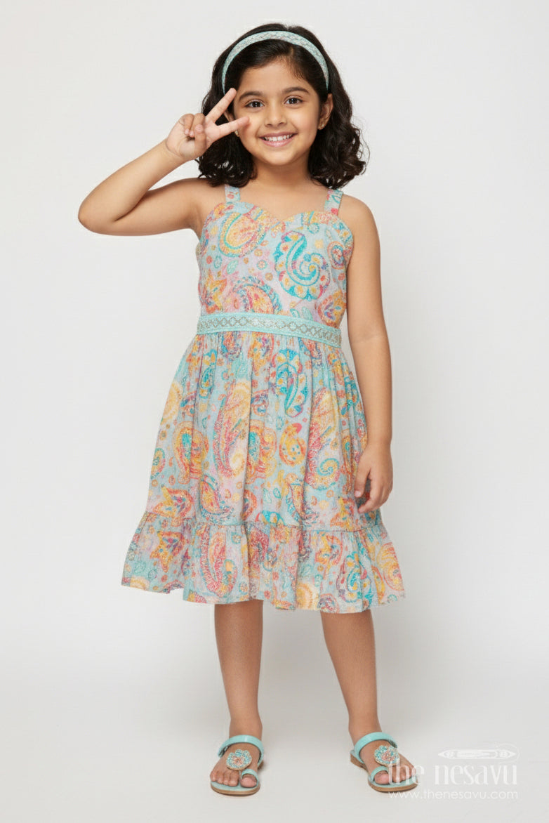 The Nesavu Girls Cotton Frock Baby Girl Frock with Traditional Paisley Print for Ethnic Functions Nesavu 18 (2Y) / Multicolor GFC2021A-18 Nesavu baby girl ethnic frock with paisley digital print and strappy shoulders