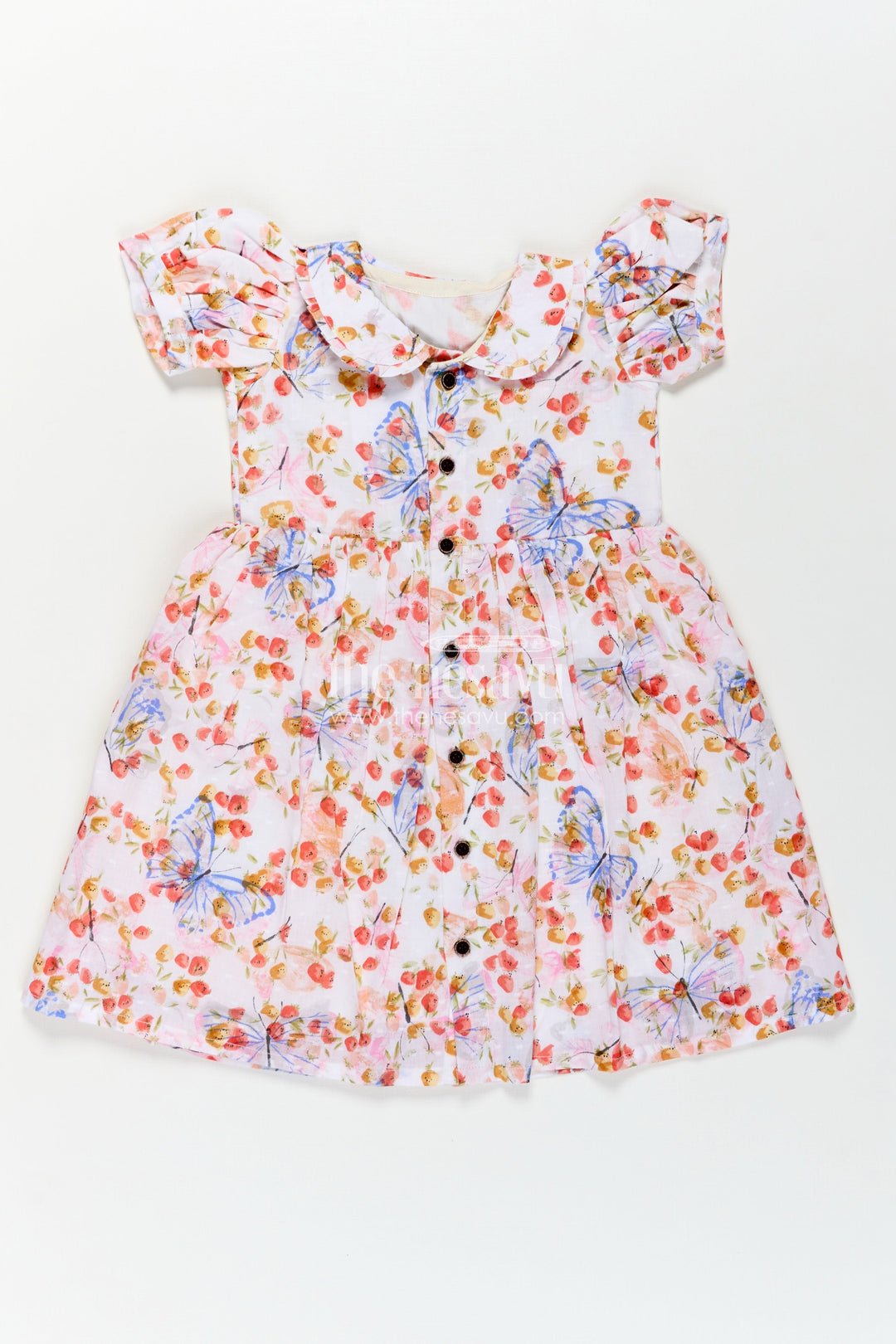 The Nesavu Girls Cotton Frock Baby Girl Frocks Cotton in Georgette Designer Fabric with Soft Butterfly Floral Prints and Puff Sleeves Nesavu 18 (2Y) / Cream GFC1707A-18 Baby Girl Frocks Cotton Georgette Butterfly Floral Print Puff Sleeves Daily Wear | The Nesavu
