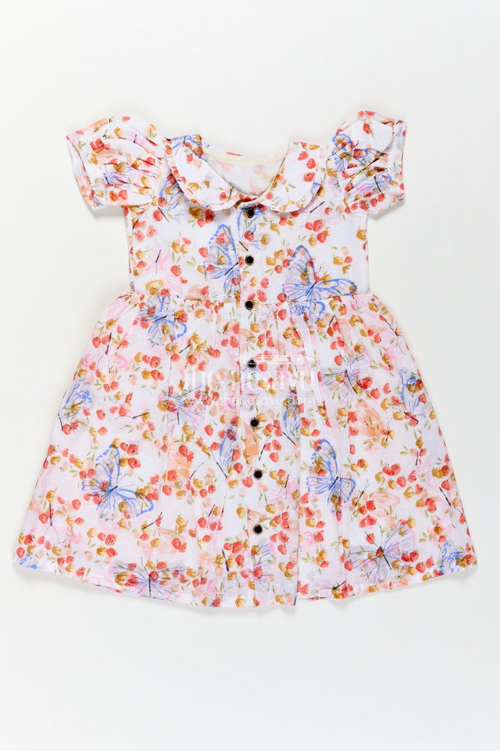 The Nesavu Girls Cotton Frock Baby Girl Frocks Cotton in Georgette Designer Fabric with Soft Butterfly Floral Prints and Puff Sleeves Nesavu 18 (2Y) / Cream GFC1707A-18 Baby Girl Frocks Cotton Georgette Butterfly Floral Print Puff Sleeves Daily Wear | The Nesavu