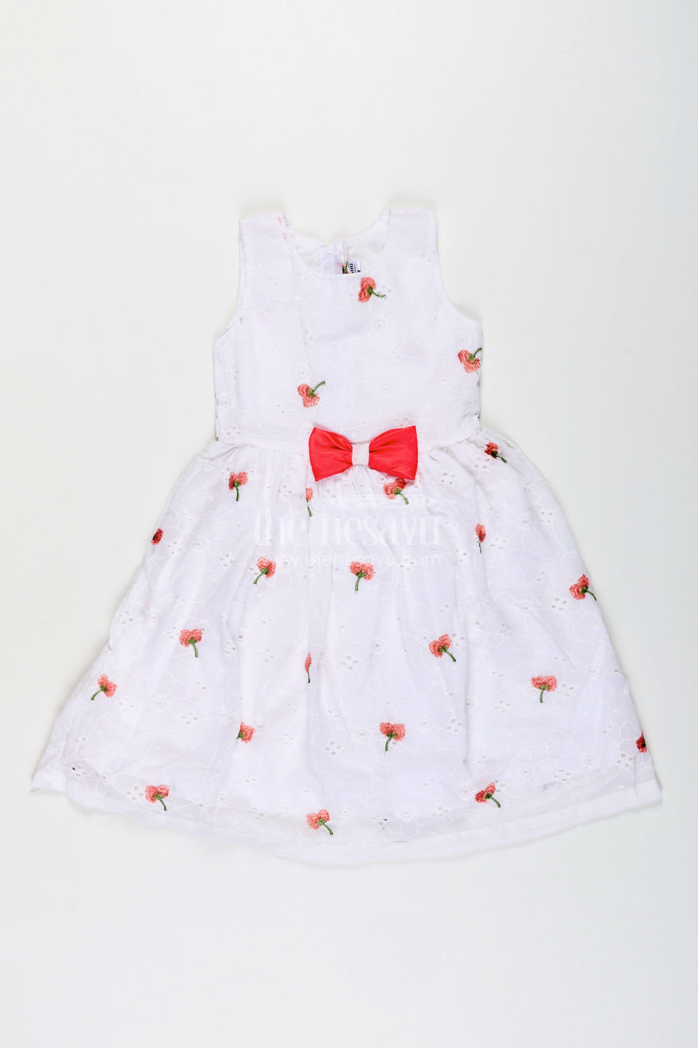 The Nesavu Girls Fancy Frock Baby Girl Georgette Frock with Cherry Embroidery and Peach Bow for Festive Occasions Nesavu 20 (3Y) / Pink GFC1930B-20 Nesavu baby girl georgette frock cherry embroidery peach waist bow birthdays