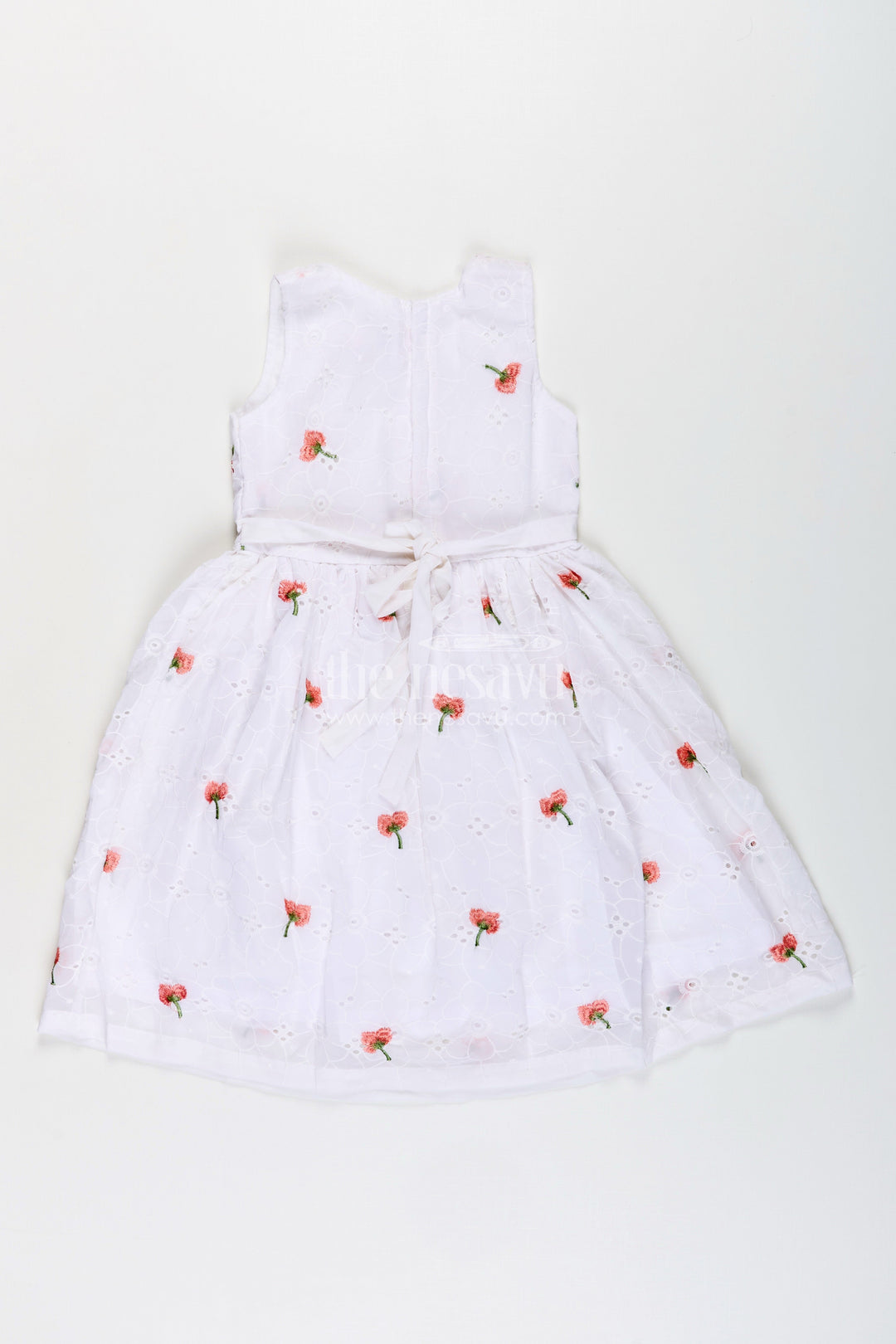 The Nesavu Girls Fancy Frock Baby Girl Georgette Frock with Cherry Embroidery and Peach Bow for Festive Occasions Nesavu Nesavu baby girl georgette frock cherry embroidery peach waist bow birthdays