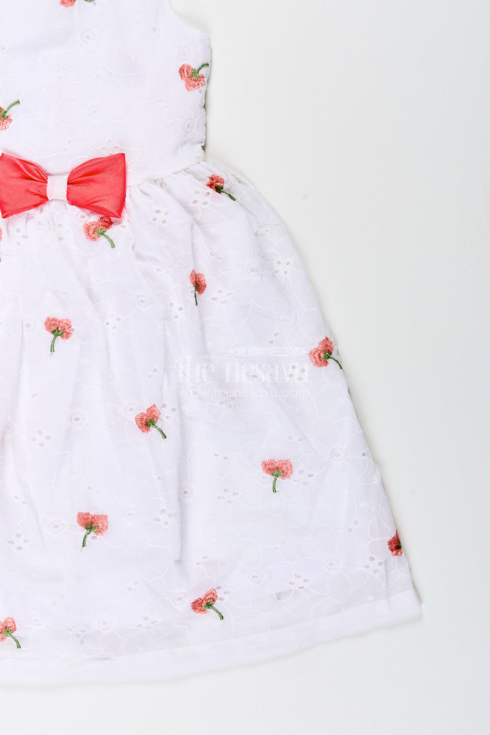 The Nesavu Girls Fancy Frock Baby Girl Georgette Frock with Cherry Embroidery and Peach Bow for Festive Occasions Nesavu Nesavu baby girl georgette frock cherry embroidery peach waist bow birthdays