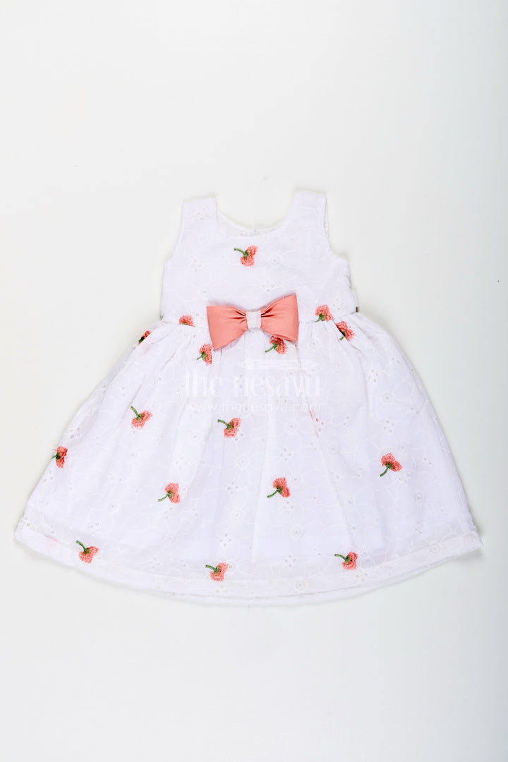The Nesavu Girls Fancy Frock Baby Girl Georgette Frock with Cherry Embroidery and Pink Bow for Birthdays Nesavu 20 (3Y) / Peach GFC1930A-20 Nesavu baby girl georgette frock cherry embroidery waist bow parties