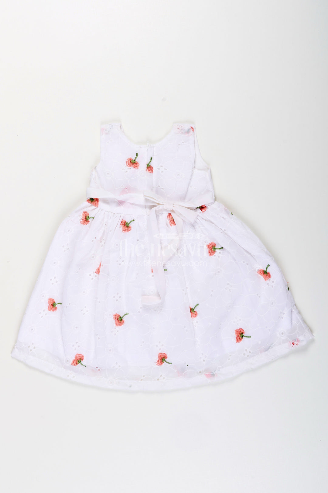 The Nesavu Girls Fancy Frock Baby Girl Georgette Frock with Cherry Embroidery and Pink Bow for Birthdays Nesavu Nesavu baby girl georgette frock cherry embroidery waist bow parties