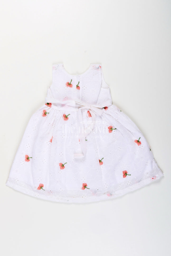 The Nesavu Girls Fancy Frock Baby Girl Georgette Frock with Cherry Embroidery and Pink Bow for Birthdays Nesavu Nesavu baby girl georgette frock cherry embroidery waist bow parties