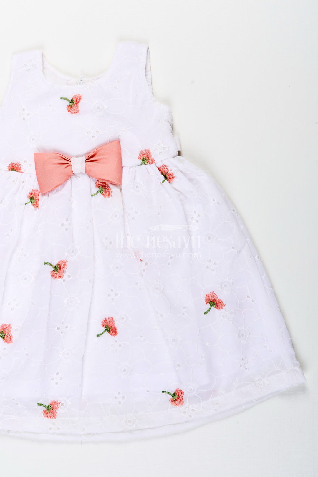 The Nesavu Girls Fancy Frock Baby Girl Georgette Frock with Cherry Embroidery and Pink Bow for Birthdays Nesavu Nesavu baby girl georgette frock cherry embroidery waist bow parties