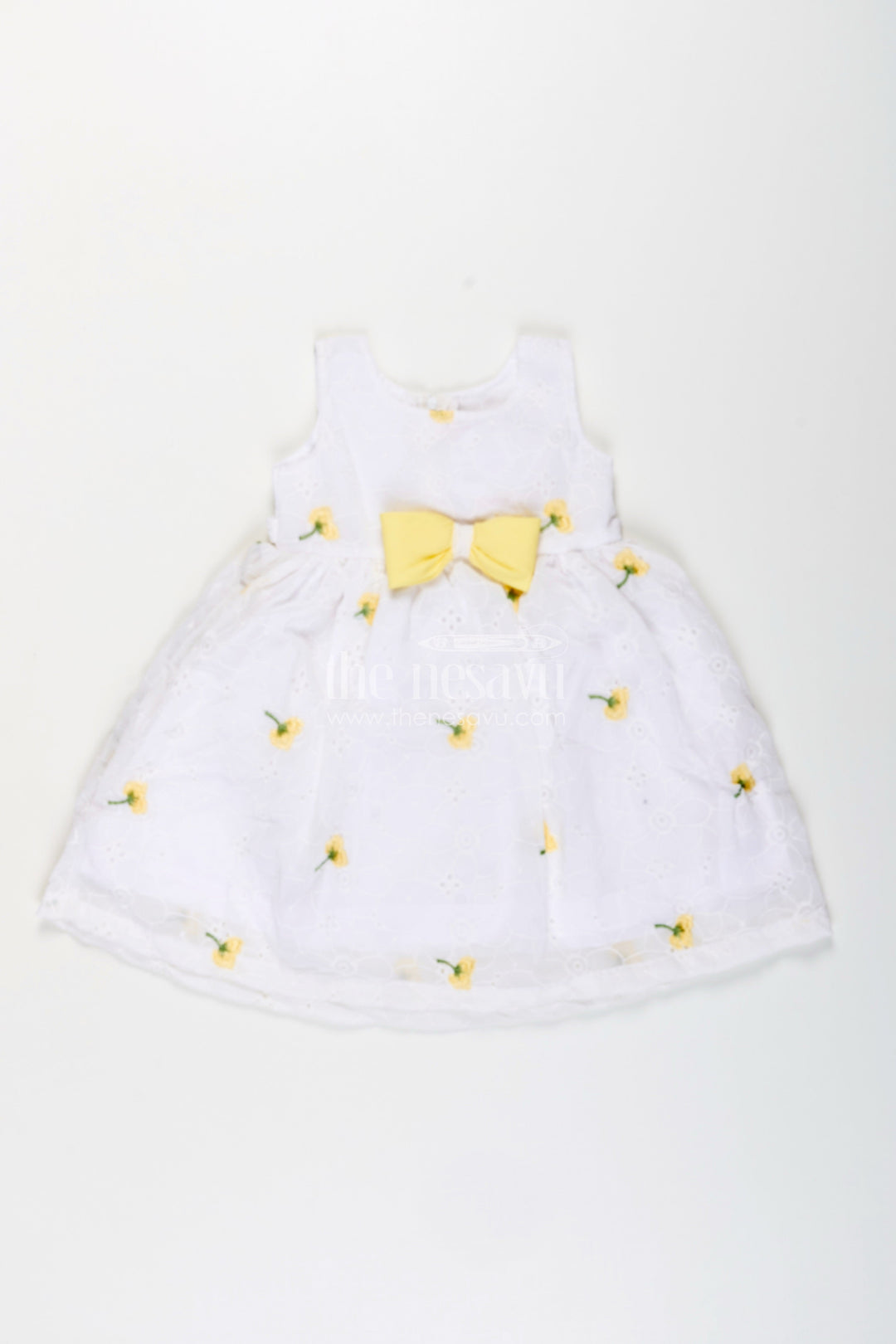 The Nesavu Girls Fancy Frock Baby Girl Georgette Frock with Cherry Embroidery and Yellow Bow for Parties Nesavu 20 (3Y) / Yellow GFC1930C-20 Nesavu baby girl georgette frock cherry embroidery yellow waist bow celebrations