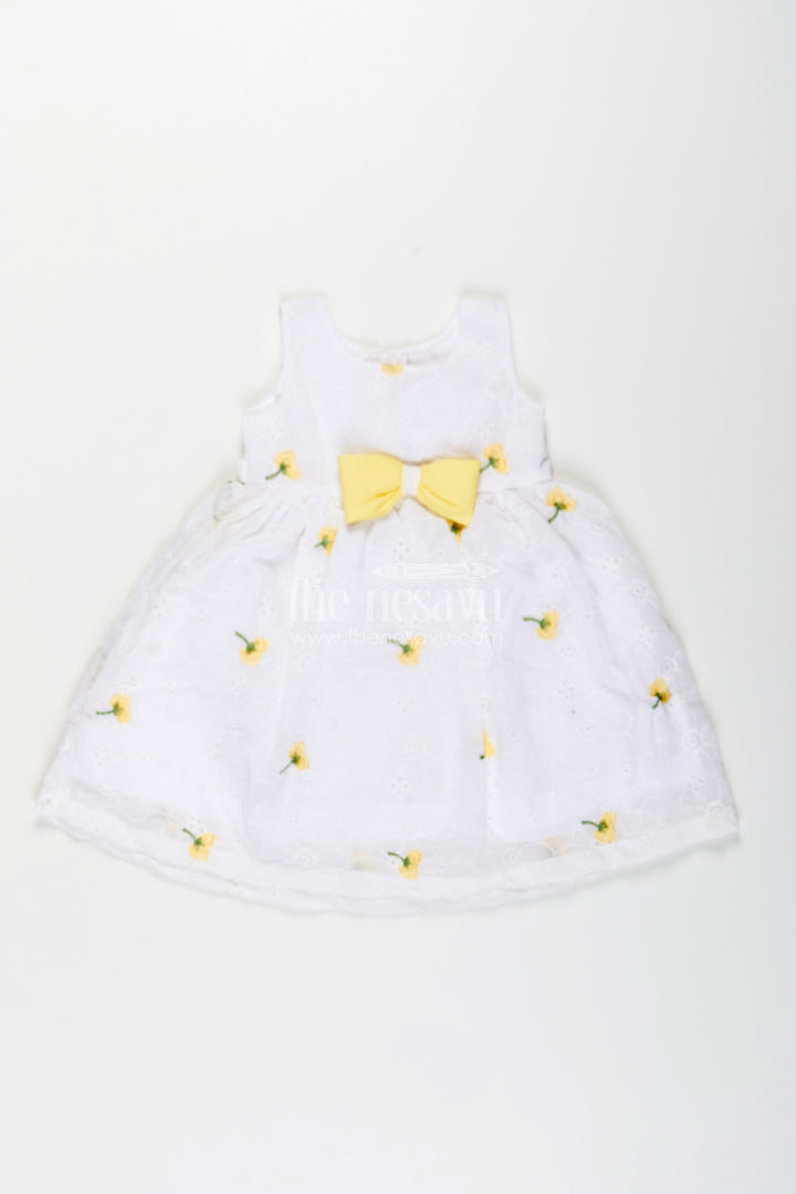 The Nesavu Girls Fancy Frock Baby Girl Georgette Frock with Cherry Embroidery and Yellow Bow for Parties Nesavu 20 (3Y) / Yellow GFC1930C-20 Nesavu baby girl georgette frock cherry embroidery yellow waist bow celebrations