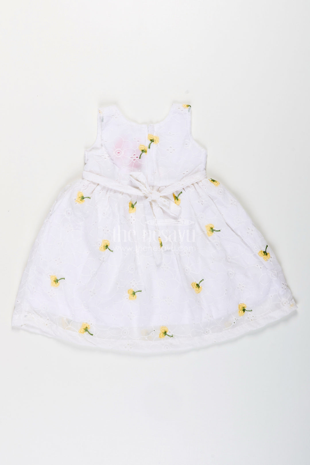 The Nesavu Girls Fancy Frock Baby Girl Georgette Frock with Cherry Embroidery and Yellow Bow for Parties Nesavu Nesavu baby girl georgette frock cherry embroidery yellow waist bow celebrations