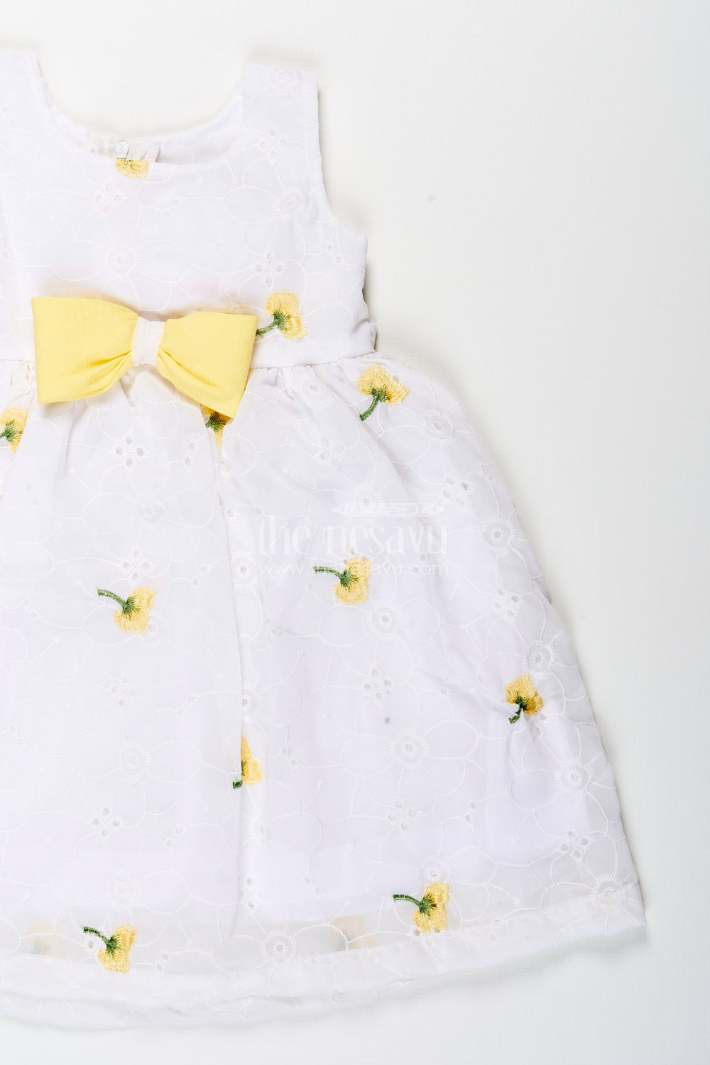 The Nesavu Girls Fancy Frock Baby Girl Georgette Frock with Cherry Embroidery and Yellow Bow for Parties Nesavu Nesavu baby girl georgette frock cherry embroidery yellow waist bow celebrations