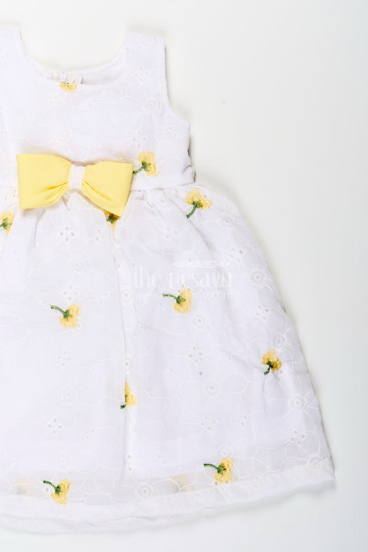 The Nesavu Girls Fancy Frock Baby Girl Georgette Frock with Cherry Embroidery and Yellow Bow for Parties Nesavu Nesavu baby girl georgette frock cherry embroidery yellow waist bow celebrations