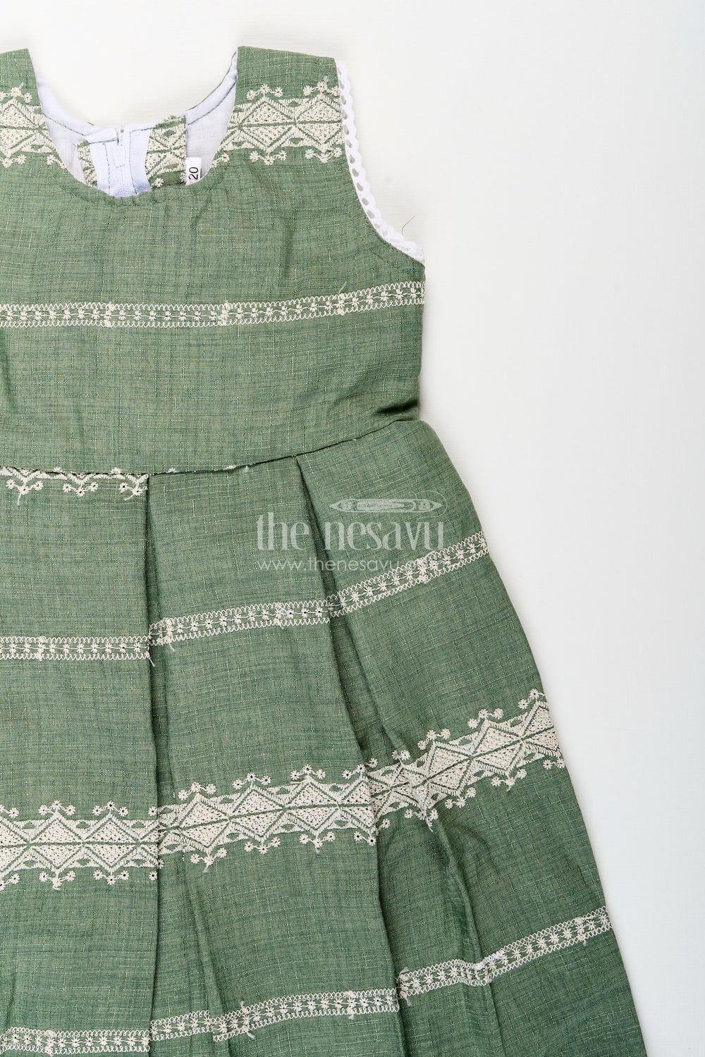 The Nesavu Girls Fancy Frock Baby Girl Green Cotton Blend Frock with White Thread Embroidery for Celebrations Nesavu Nesavu baby girl green cotton blend frock white thread embroidery festive wear