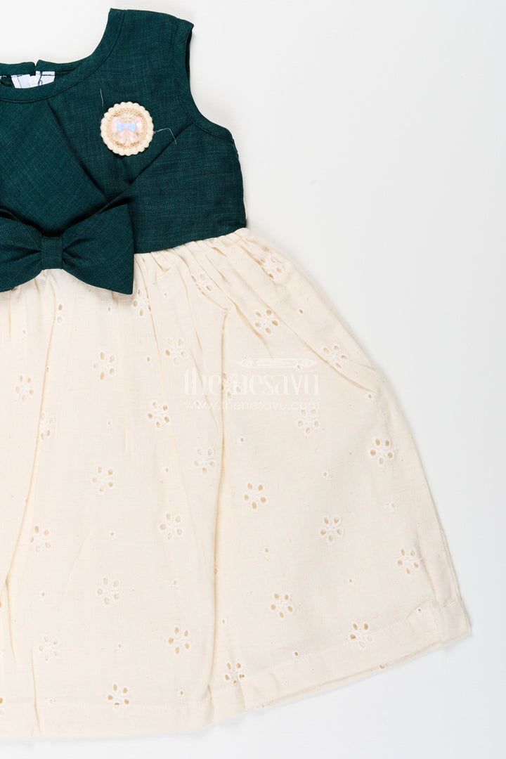 The Nesavu Girls Cotton Frock Baby Girl Hakoba Cotton Frock with Green Yoke for Casual and Festive Wear Nesavu Nesavu baby girl Hakoba cotton frock green yoke bow detail festive wear