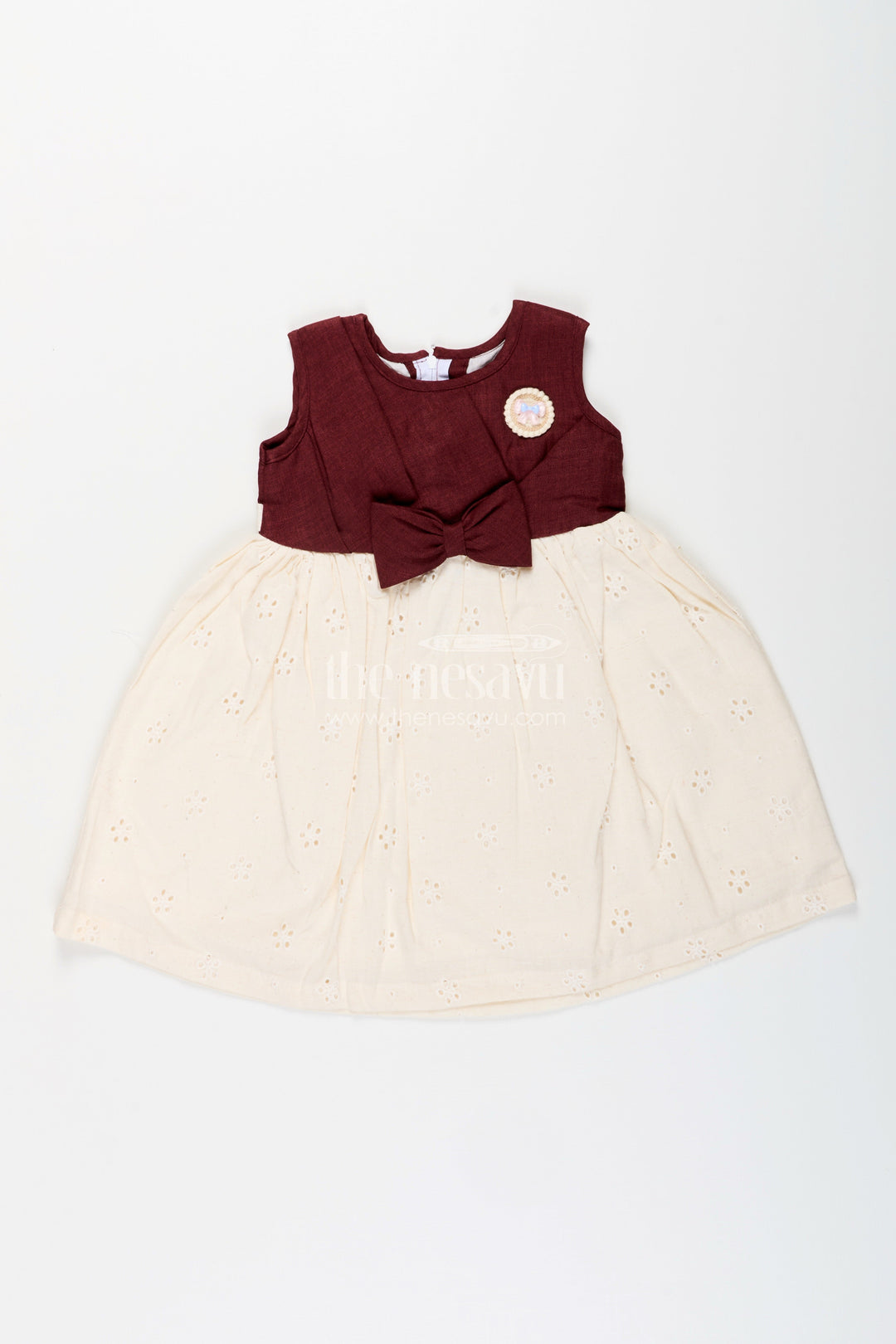 The Nesavu Girls Cotton Frock Baby Girl Hakoba Cotton Frock with Maroon Yoke for Festive and Casual Wear Nesavu 20 (3Y) / Brown GFC1933B-20 Nesavu baby girl Hakoba cotton frock maroon yoke bow detail festive wear