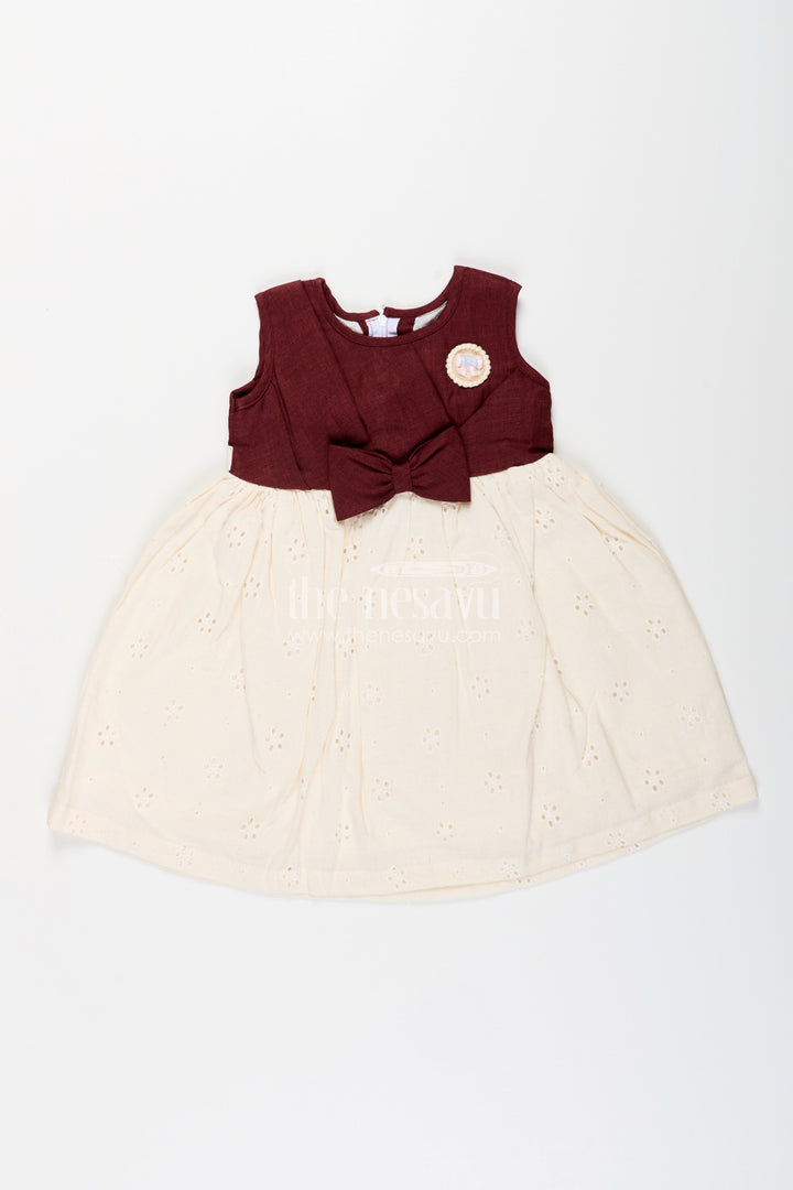 The Nesavu Girls Cotton Frock Baby Girl Hakoba Cotton Frock with Maroon Yoke for Festive and Casual Wear Nesavu 20 (3Y) / Brown GFC1933B-20 Nesavu baby girl Hakoba cotton frock maroon yoke bow detail festive wear