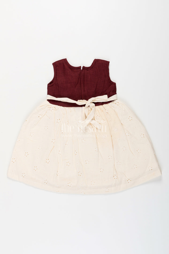 The Nesavu Girls Cotton Frock Baby Girl Hakoba Cotton Frock with Maroon Yoke for Festive and Casual Wear Nesavu Nesavu baby girl Hakoba cotton frock maroon yoke bow detail festive wear