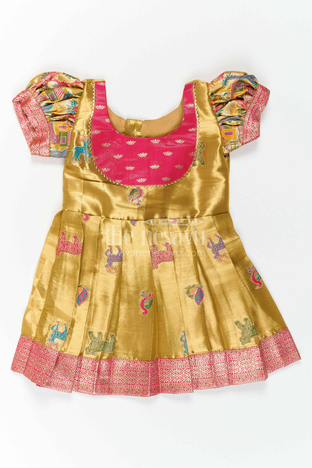 The Nesavu Girls Kanchi Silk Frock Baby Girl Kanchi Silk Frock for Festive Celebrations and Weddings Nesavu 16 (1Y) / Gold / Style 4 KSF050AD-16 Nesavu Baby Girl Kanchi Silk Frock With Artistic Woven Motifs And Festive Small Border