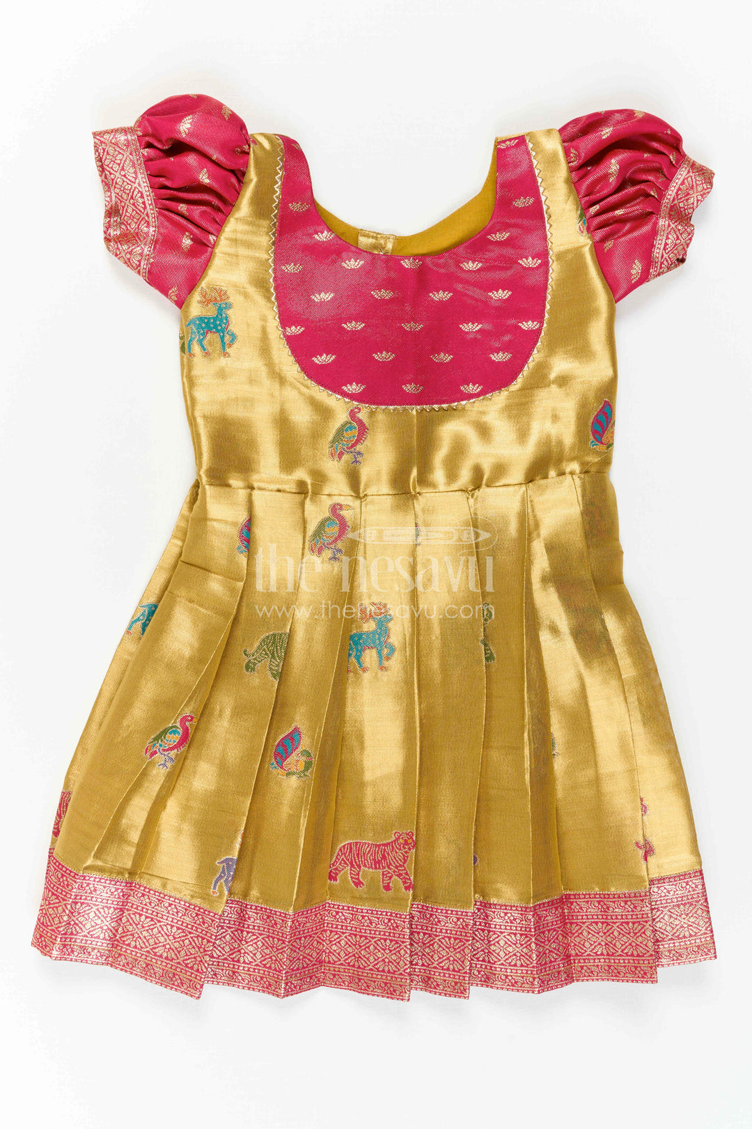 The Nesavu Girls Kanchi Silk Frock Baby Girl Kanchi Silk Frock for Festive Celebrations and Weddings Nesavu 18 (2Y) / Gold / Style 3 KSF050AC-18 Nesavu Baby Girl Kanchi Silk Frock With Artistic Woven Motifs And Festive Small Border