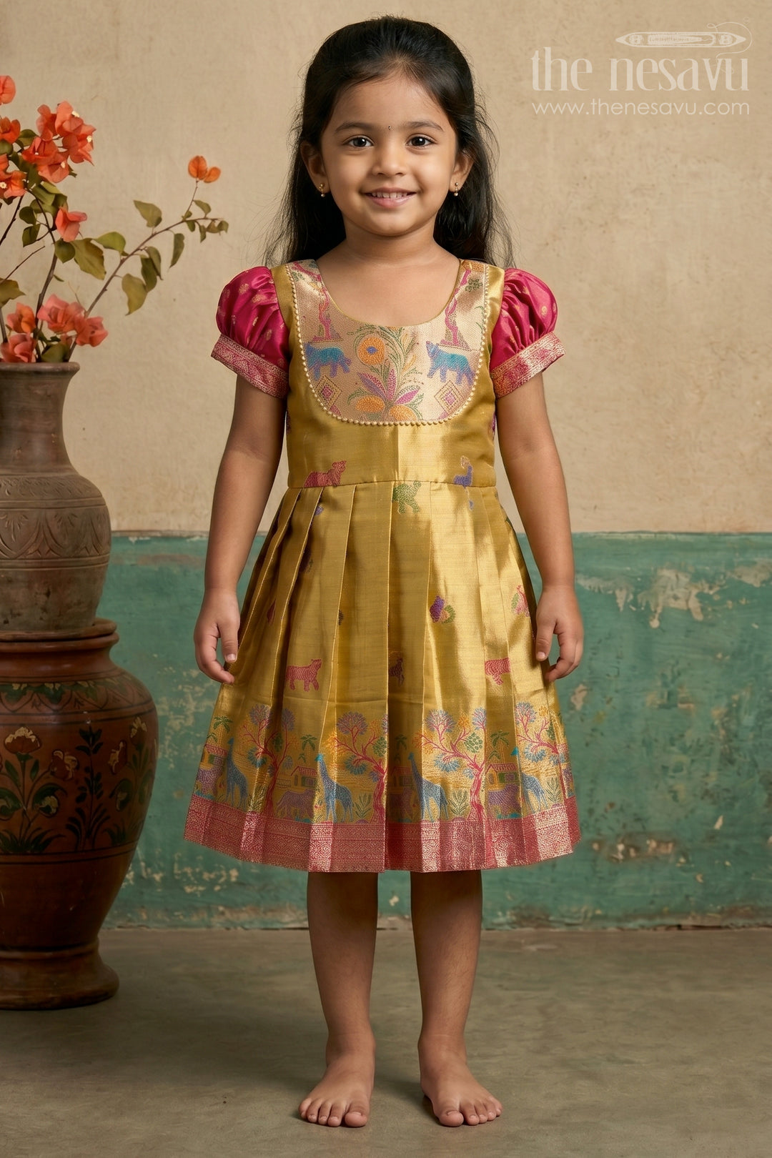 The Nesavu Girls Kanchi Silk Frock Baby Girl Kanchi Silk Frock for Festive Celebrations and Weddings Nesavu 22 (4Y) / Gold / Style 1 KSF050AA-22 Nesavu Baby Girl Kanchi Silk Frock With Artistic Woven Motifs And Festive Small Border
