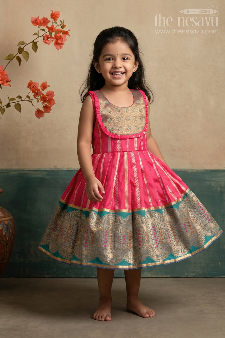 The Nesavu Girls Kanchi Silk Frock Baby Girl Kanchi Silk Frock for Festive Functions and Weddings Nesavu 22 (4Y) / Red / Style 1 KSF046DA-22 Nesavu Baby Girl Kanchi Silk Frock With Woven Stripes And Big Border For Festive Occasions