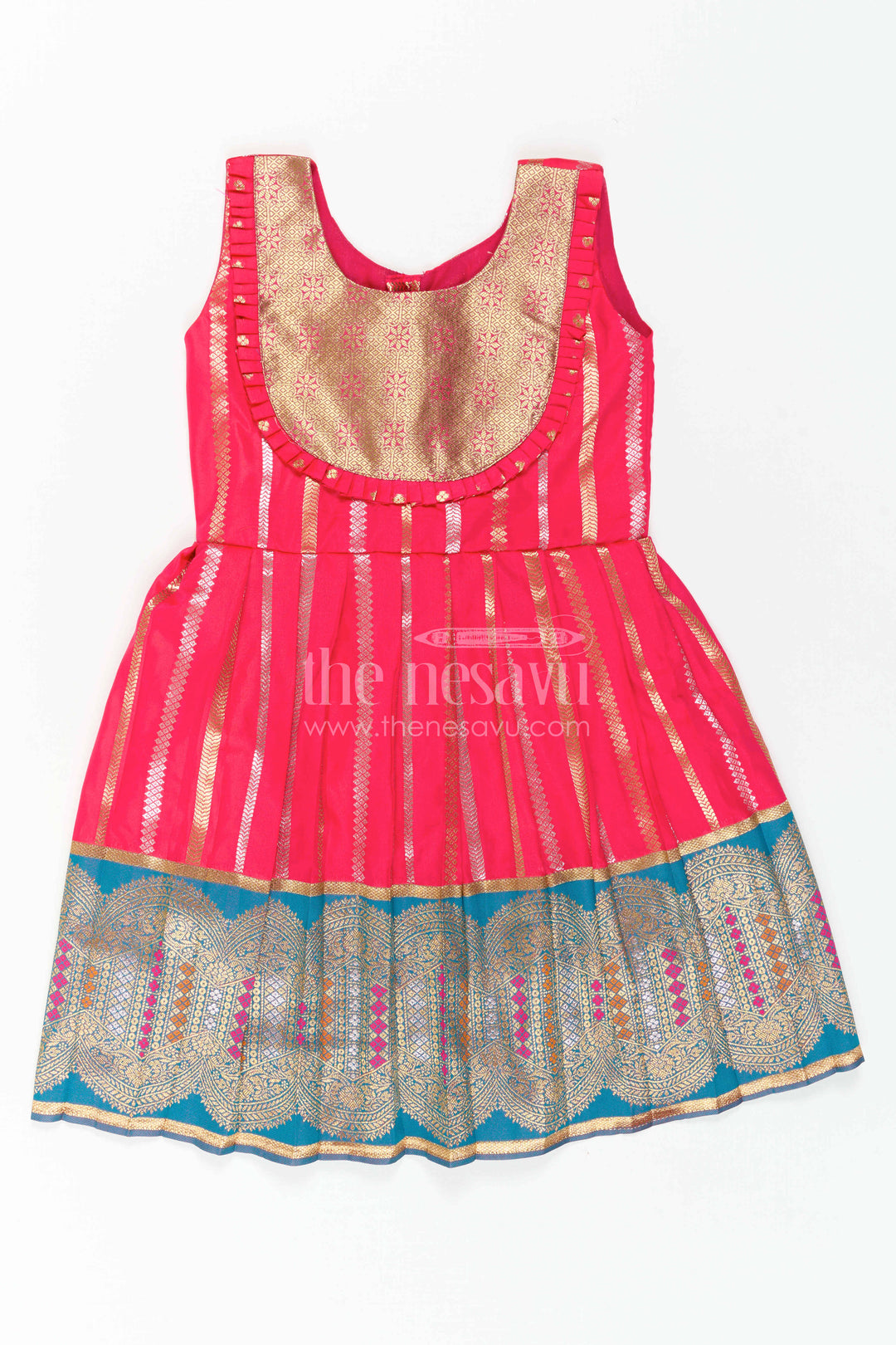 The Nesavu Girls Kanchi Silk Frock Baby Girl Kanchi Silk Frock for Festive Functions and Weddings Nesavu 24 (5Y) / Red / Style 2 KSF046DB-24 Nesavu Baby Girl Kanchi Silk Frock With Woven Stripes And Big Border For Festive Occasions