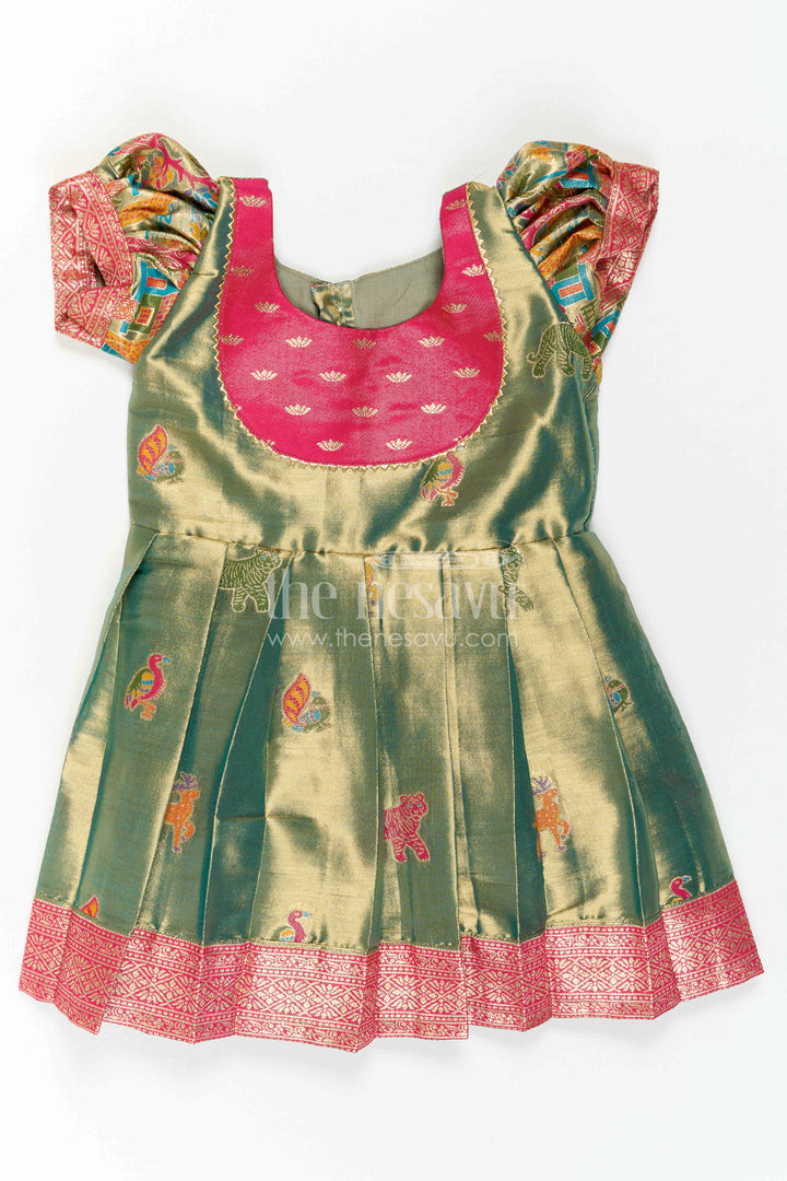 The Nesavu Girls Kanchi Silk Frock Baby Girl Kanchi Silk Frock for Festive Occasions and Weddings Nesavu 16 (1Y) / Green / Style 4 KSF050BD-16 Nesavu Baby Girl Kanchi Silk Frock With Woven Motifs And Festive Small Border Design