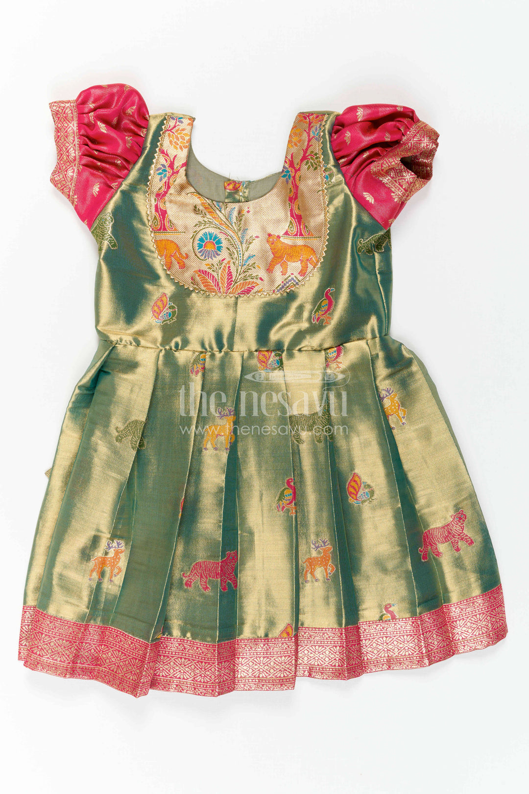 The Nesavu Girls Kanchi Silk Frock Baby Girl Kanchi Silk Frock for Festive Occasions and Weddings Nesavu 20 (3Y) / Green / Style 2 KSF050BB-20 Nesavu Baby Girl Kanchi Silk Frock With Woven Motifs And Festive Small Border Design