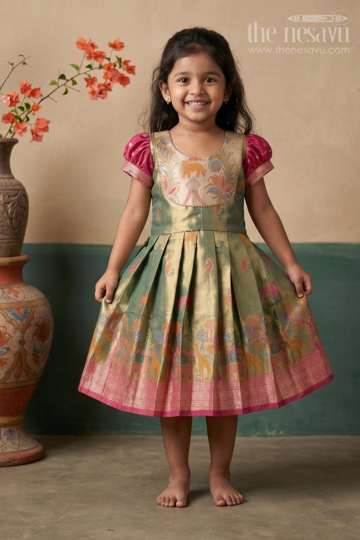 The Nesavu Girls Kanchi Silk Frock Baby Girl Kanchi Silk Frock for Festive Occasions and Weddings Nesavu 22 (4Y) / Green / Style 1 KSF050BA-22 Nesavu Baby Girl Kanchi Silk Frock With Woven Motifs And Festive Small Border Design