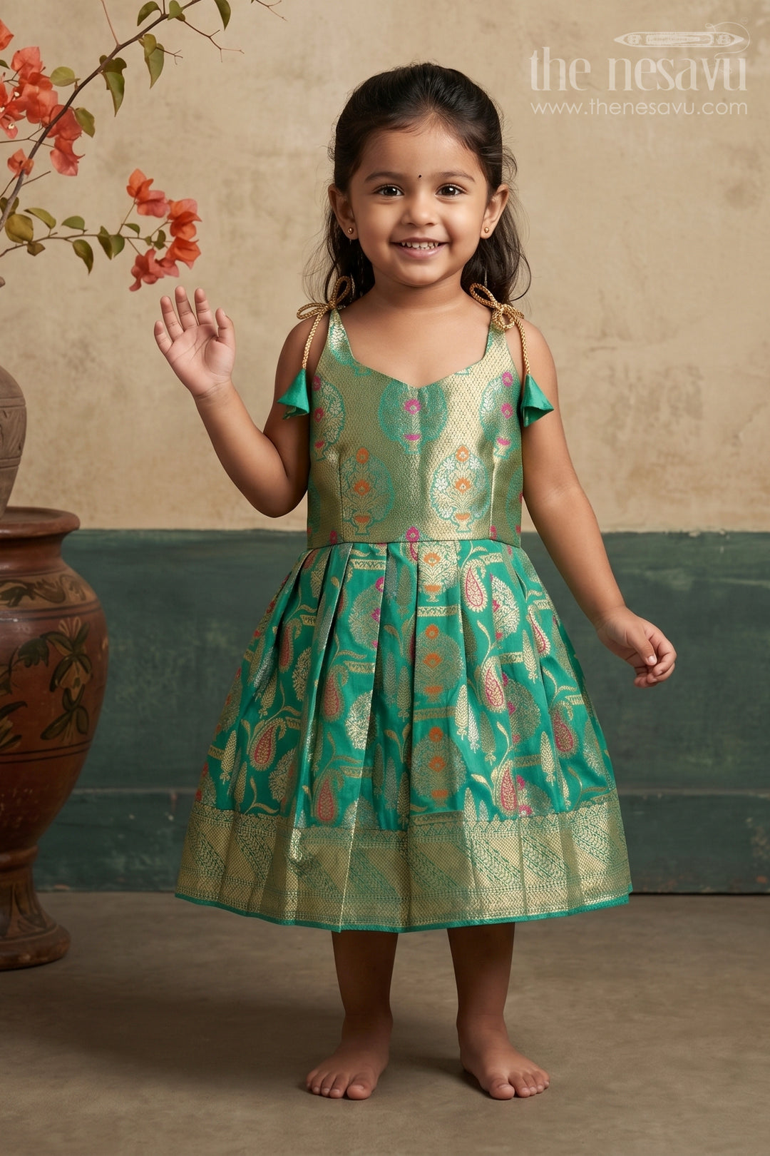 The Nesavu Girls Kanchi Silk Frock Baby Girl Kanchi Silk Frock for Weddings and Festive Occasions Nesavu 22 (4Y) / Green / Style 1 KSF041CA-22 Nesavu Baby Girl Kanchi Silk Frock With Big Border Design For Weddings And Festive Celebrations